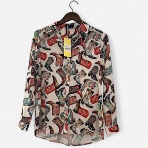 Fashion Express Western Multi-Color Cowboy Boot Print Pearl Snap Shirt MEDIUM
